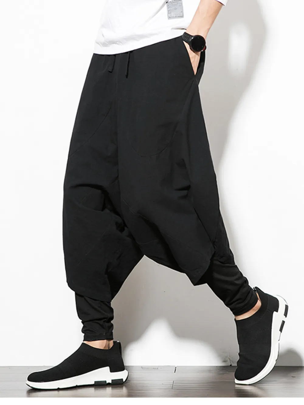 Men's Plus Size Wide Leg Drop Crotch Pants with Drawstring, image 6