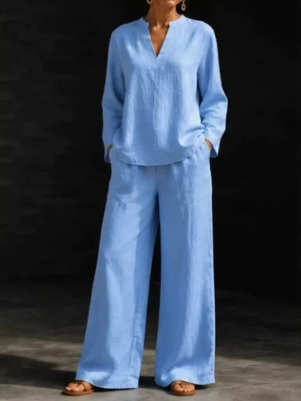 Notched Long Sleeve Top and Pants Set, image 5
