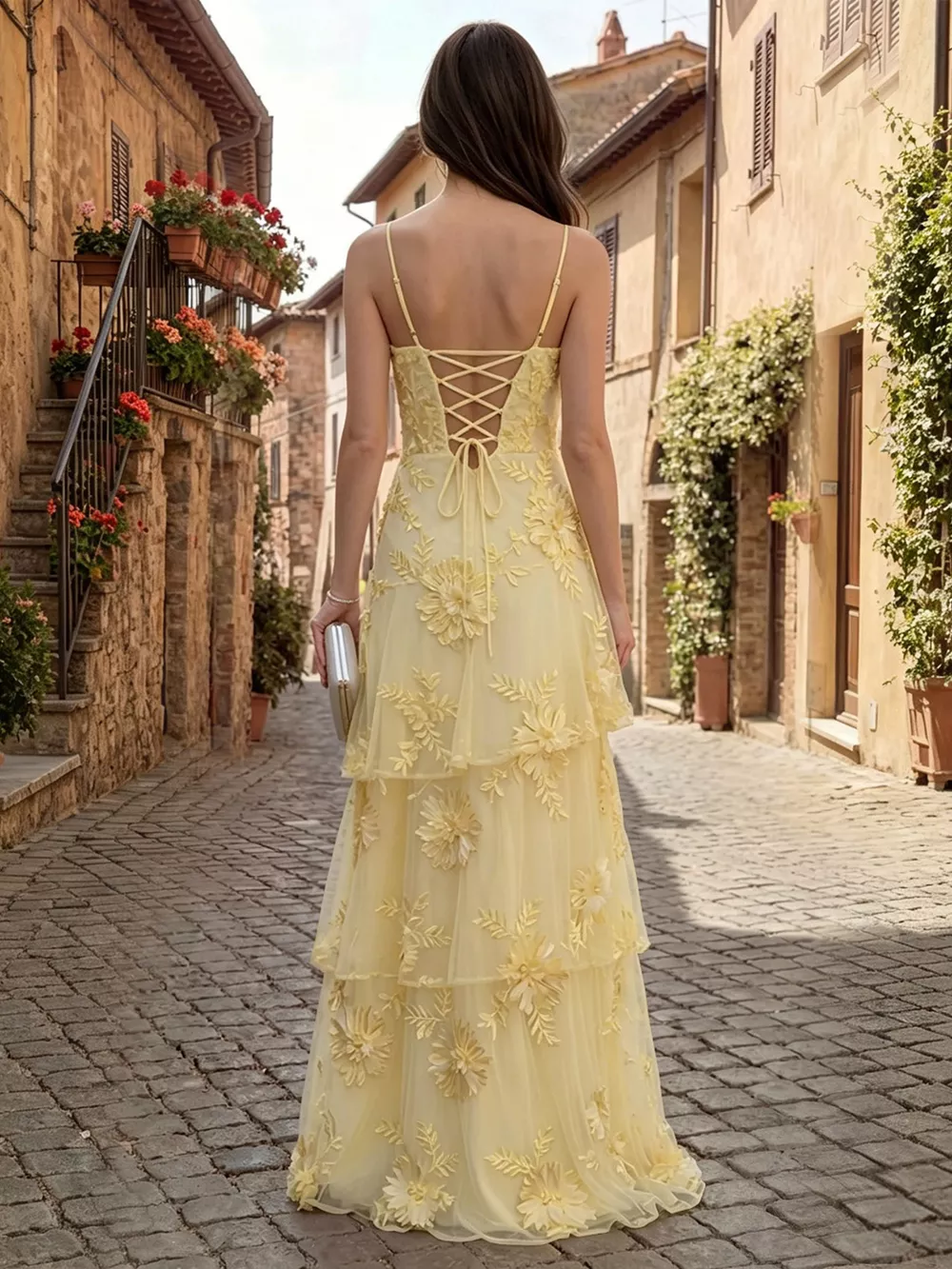 Floral Applique Tiered Maxi Dress with Lace Up Detail, image 9