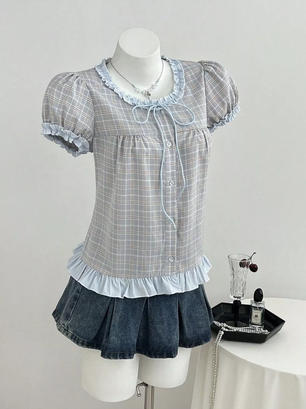 Plaid Ruffle Trim Puff Sleeve Blouse