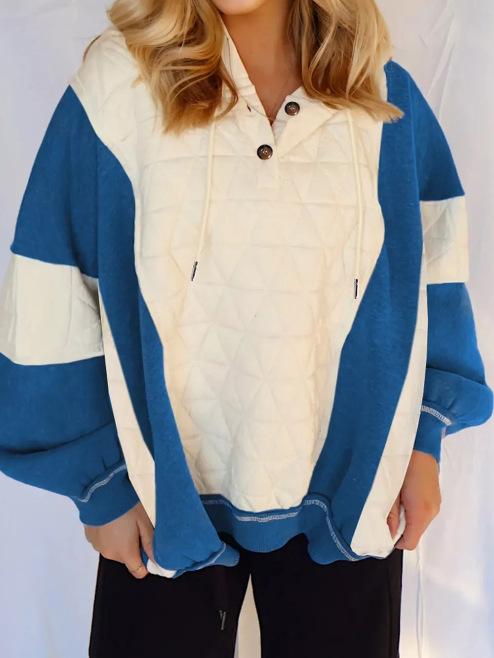 Quilted Fleece Color Block Patchwork Oversize Hoodie, image 2