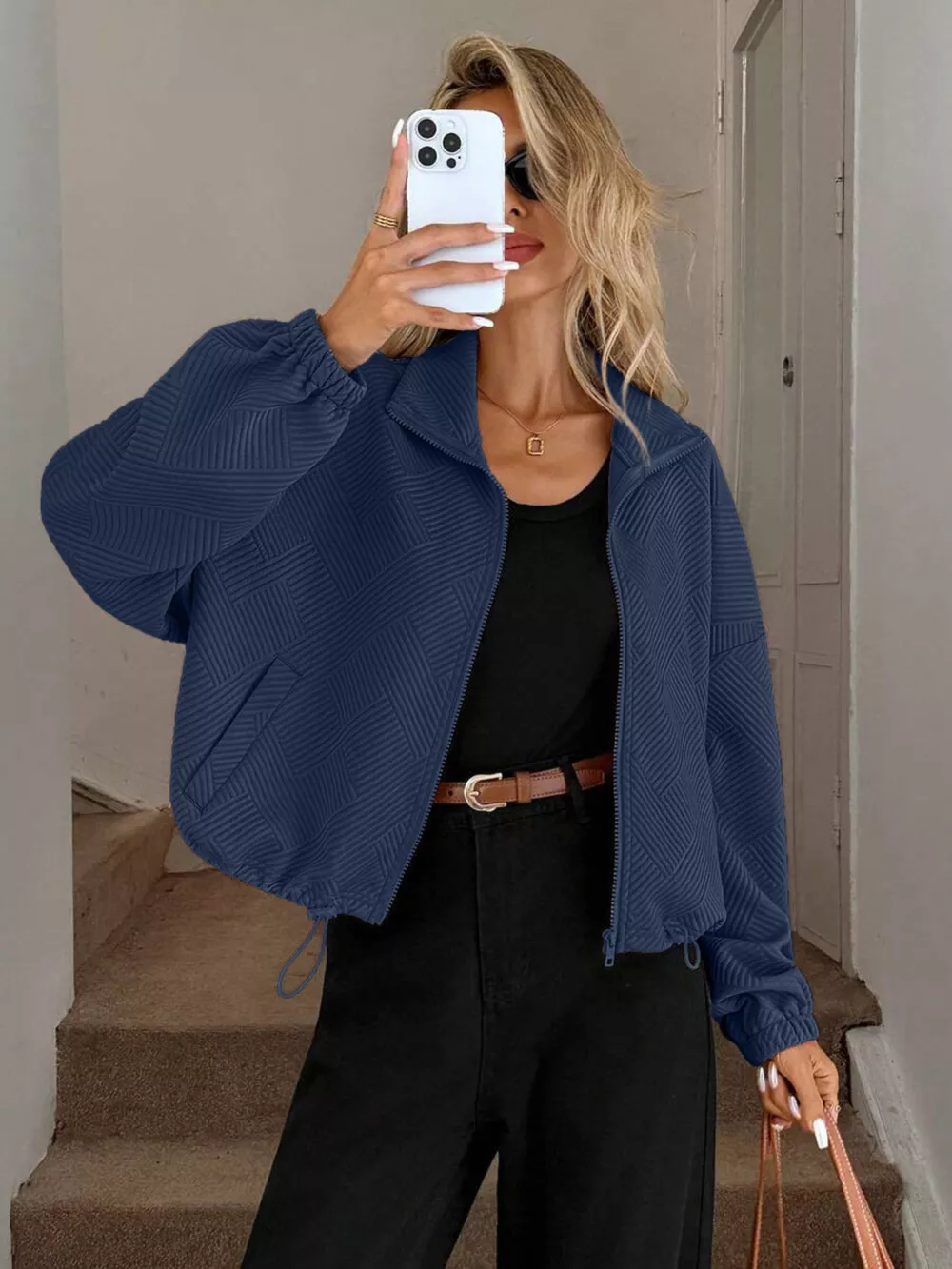 Drawstring Hem Textured Long Sleeve Jacket, image 18