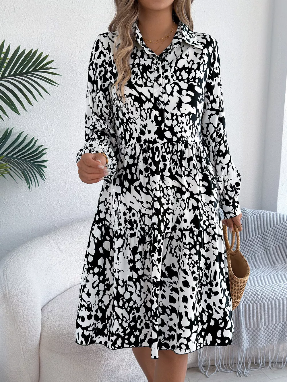 Printed Collared Neck Long Sleeve Dress, image 7