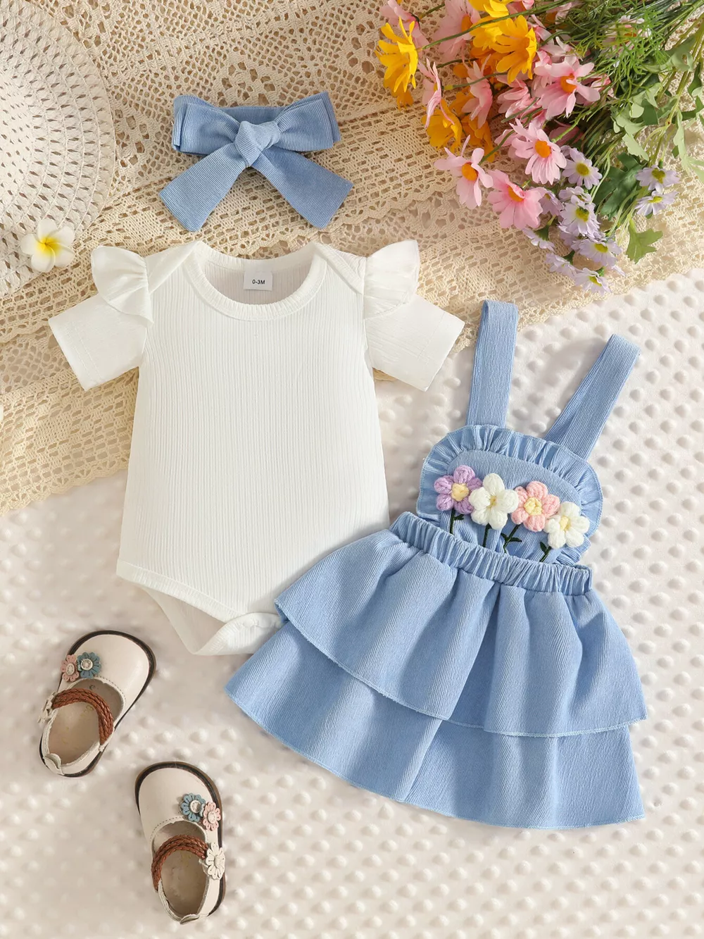 Children's Ribbed Top and Floral Overall Dress Set with Headband, image 10