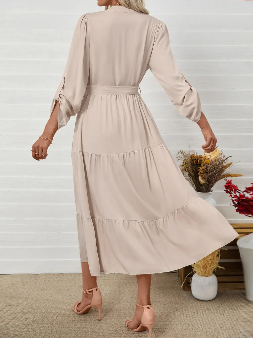 Tiered Notched Belted Midi Dress, image 6