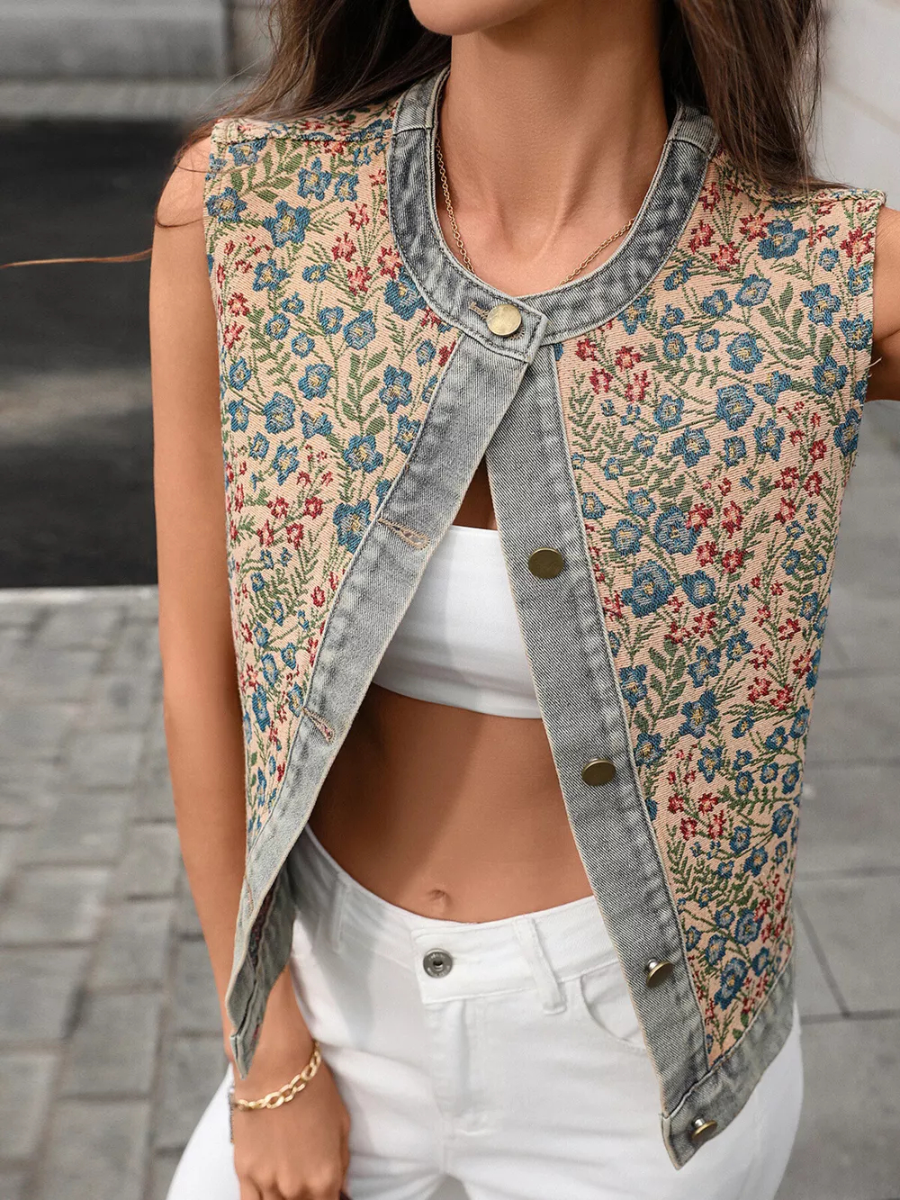 Floral Embroidered Sleeveless Denim Top, image 6