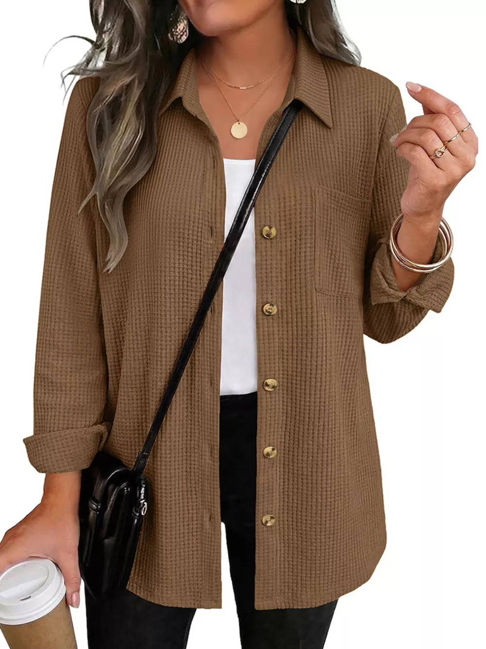 Waffle Knit Button-Down Long Sleeve Shirt, image 8