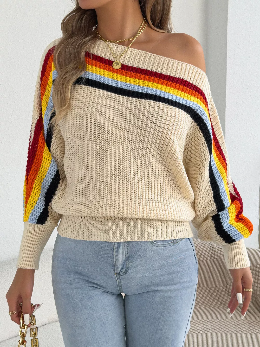Striped Knit Boat Neck Sweater, image 2