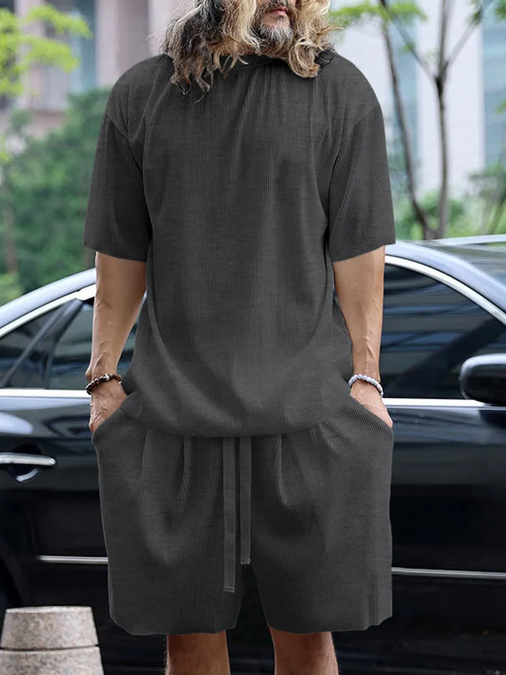 Men's Full Size Round Neck Short Sleeve Top and Shorts Set Plus Size, image 5