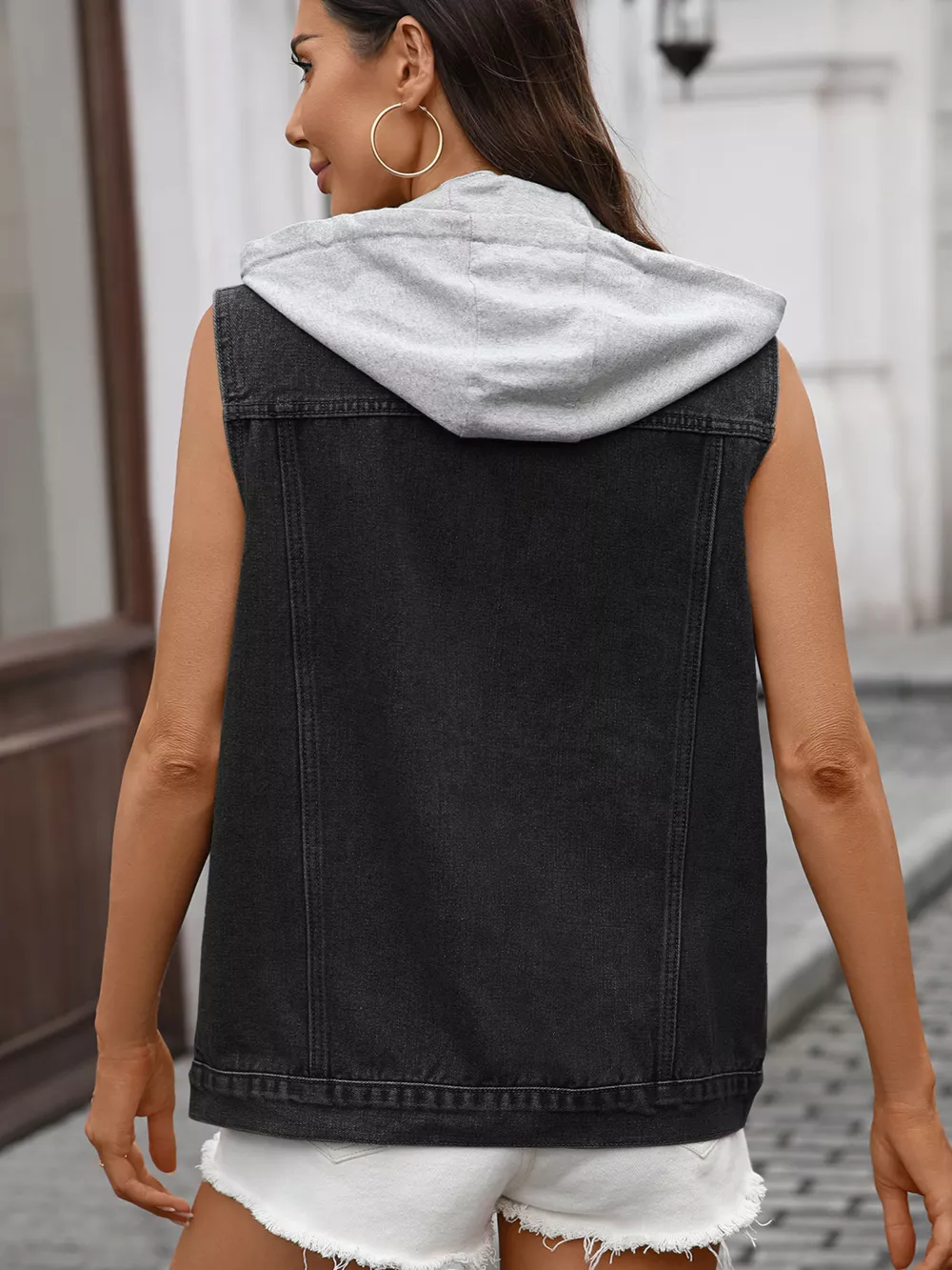 Button Up Removable Hooded Sleeveless Denim Jacket, image 9