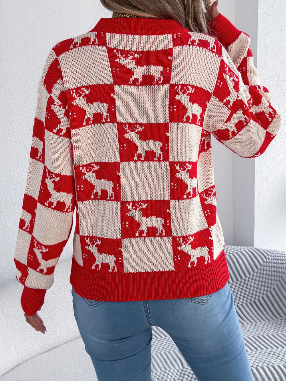 Reindeer Checkerboard Pattern Pullover Sweater, image 5