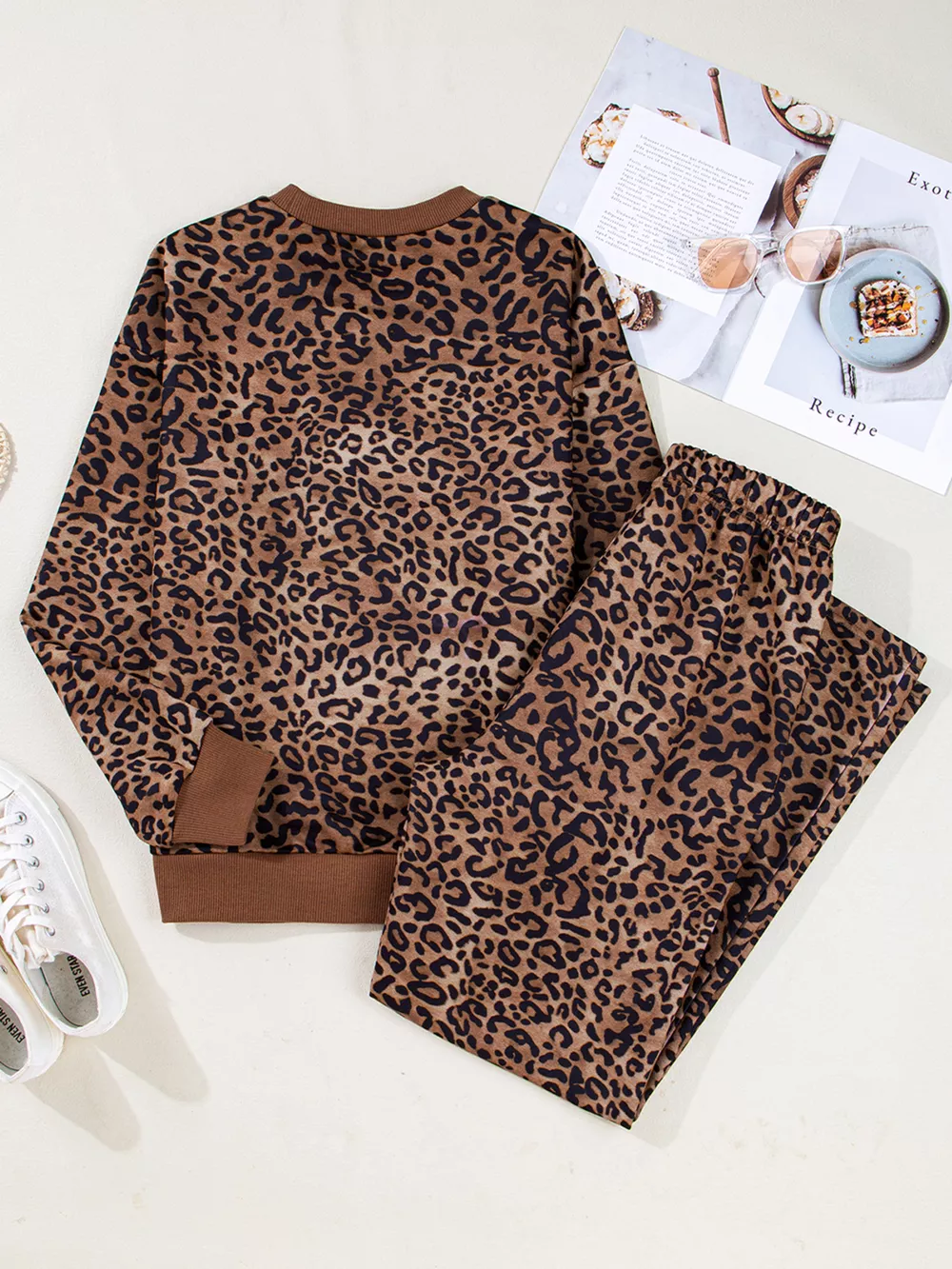 Leopard Print Contrast Trim Long Sleeve Top and Pants Set, image 12