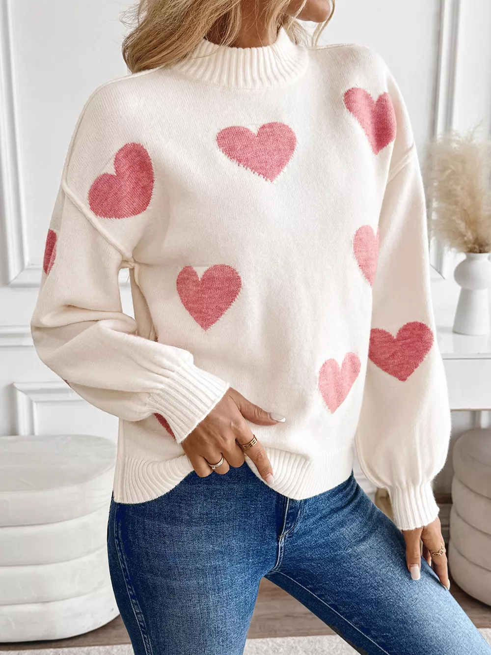 Heart Mock Neck Long Sleeve Sweater, image 6