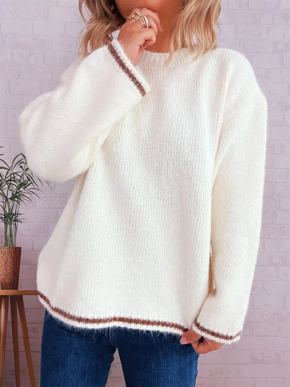 Contrast Trim Round Neck Cozy Sweater, image 19