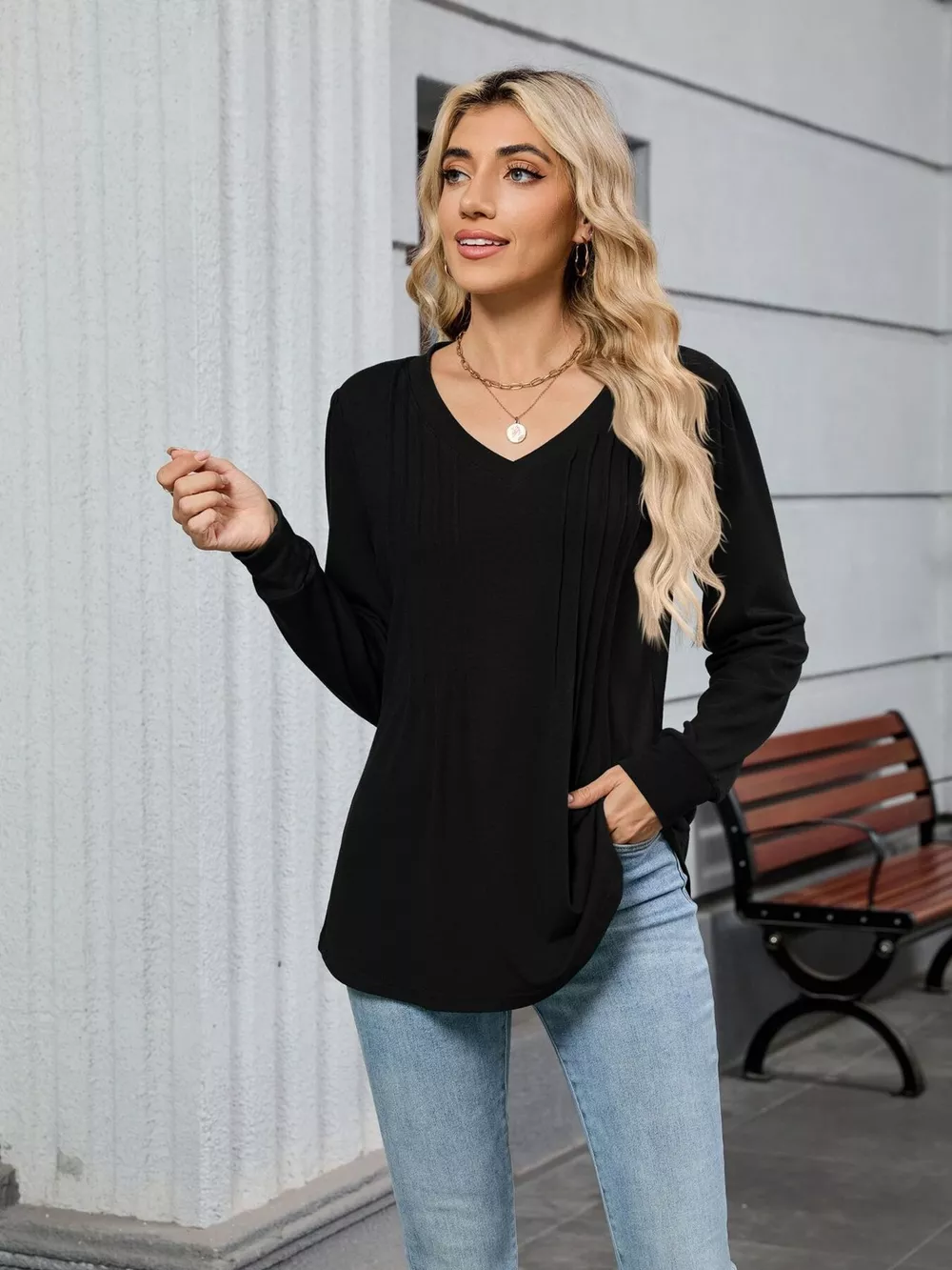 V-Neck Long Sleeve Relaxed Fit T-Shirt, image 23