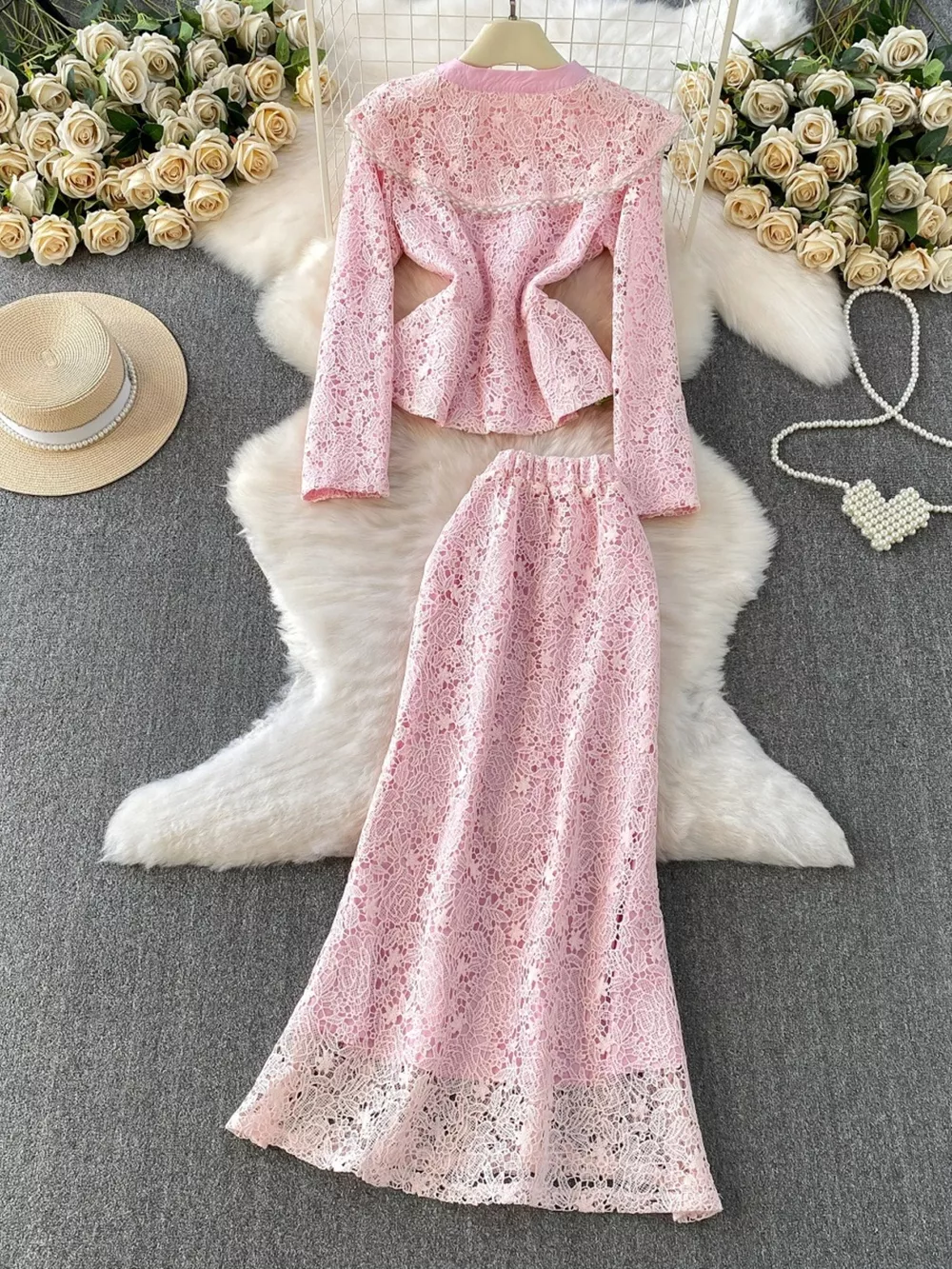 Lace Button Up Top and Skirt Set, image 2