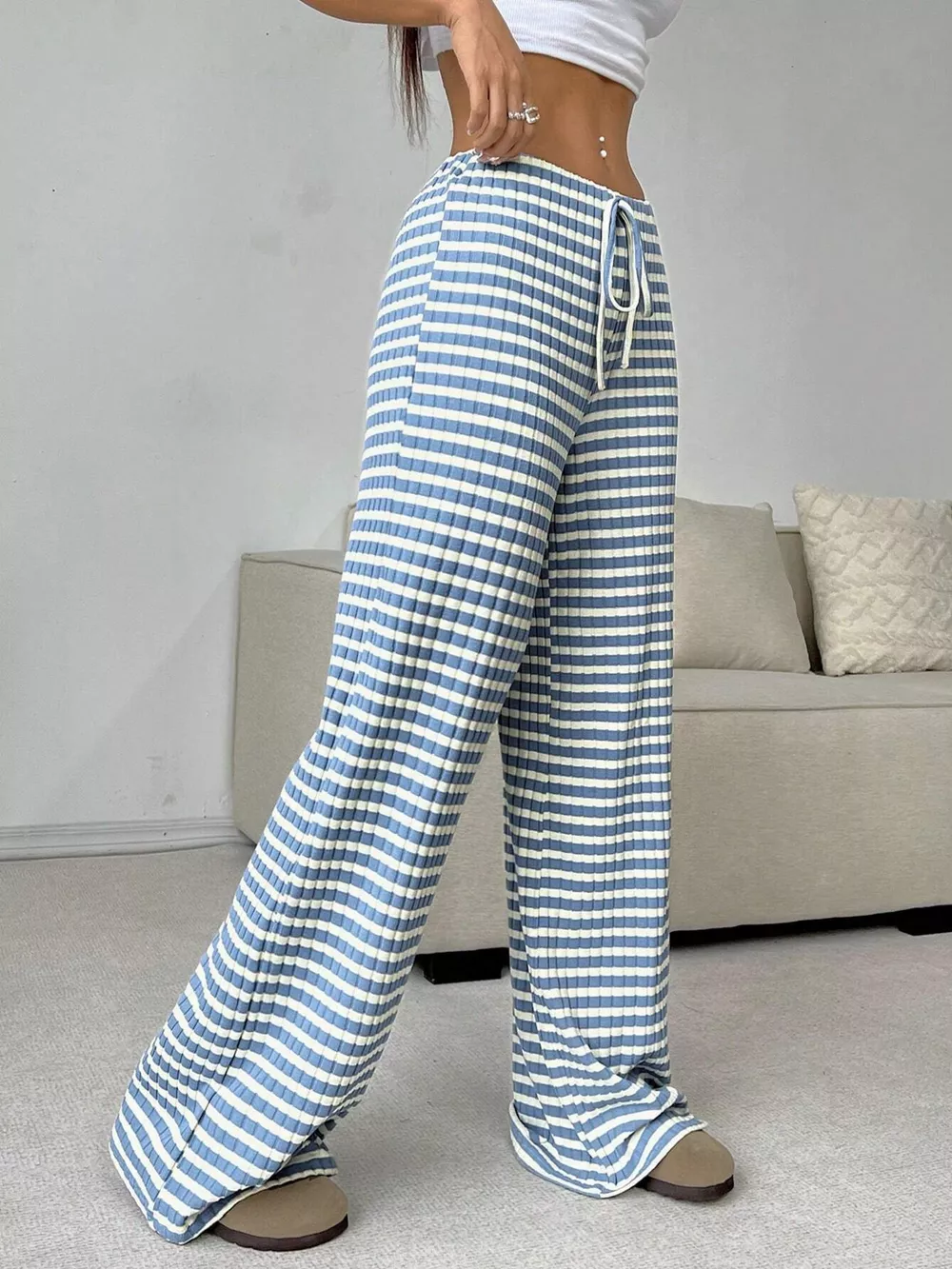 Striped Ribbed Knit Drawstring Waist Wide Leg Pants, image 17