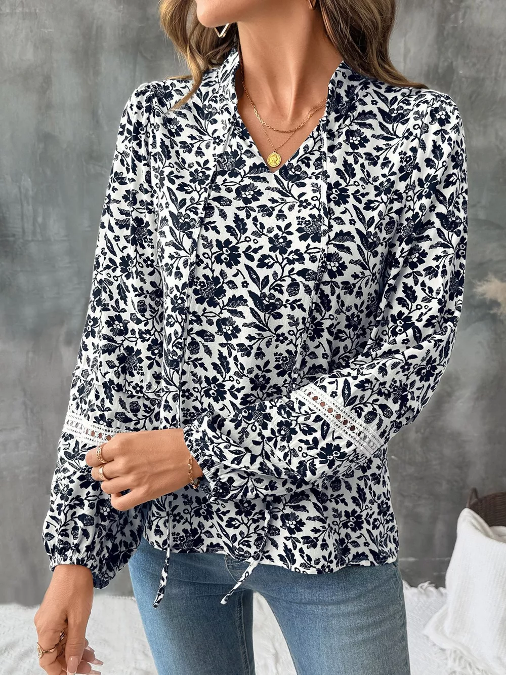 Printed Tie Neck Long Sleeve Blouse, image 2