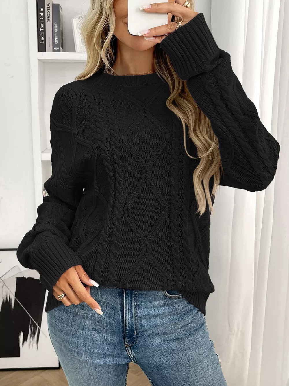 Cable Knit Round Neck Long Sleeve Sweater, image 8