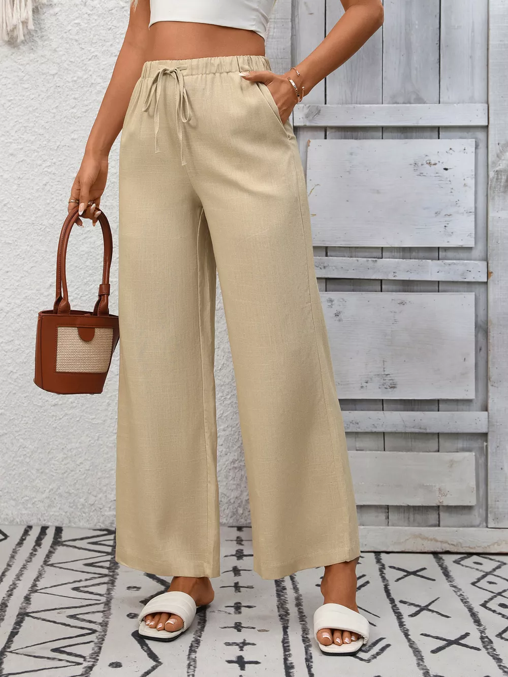 Drawstring High Waist Wide Leg Pants, image 4