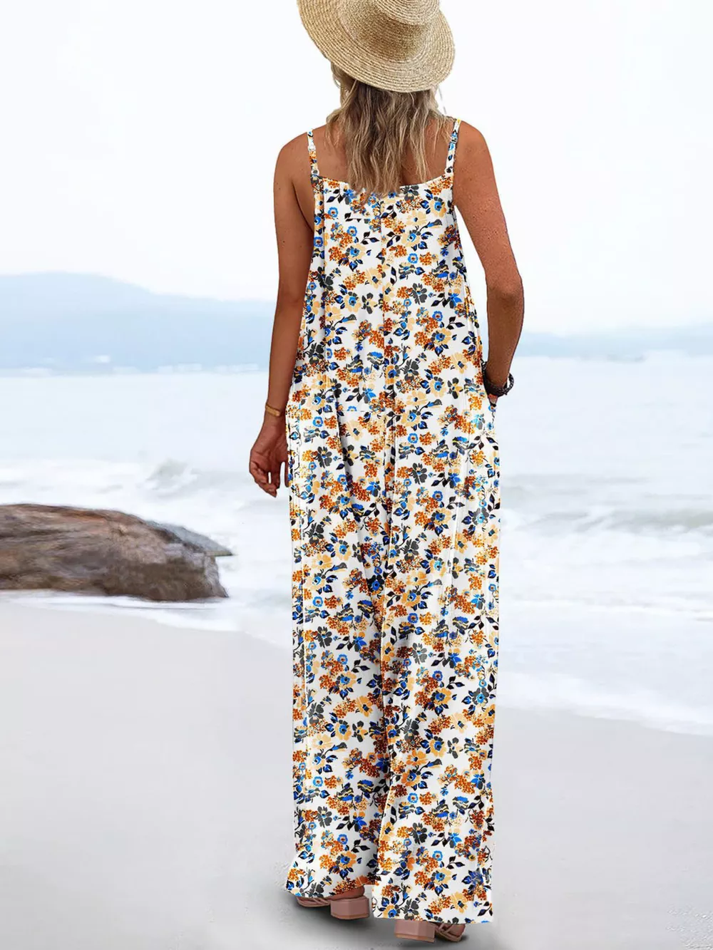 Full Size Floral Print Wide Leg Spaghetti Strap Overalls Plus Size, image 3