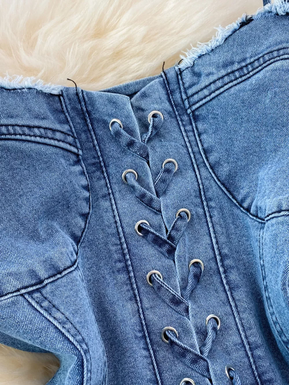 Lace-Up Denim A-Line Mini Dress, image 8