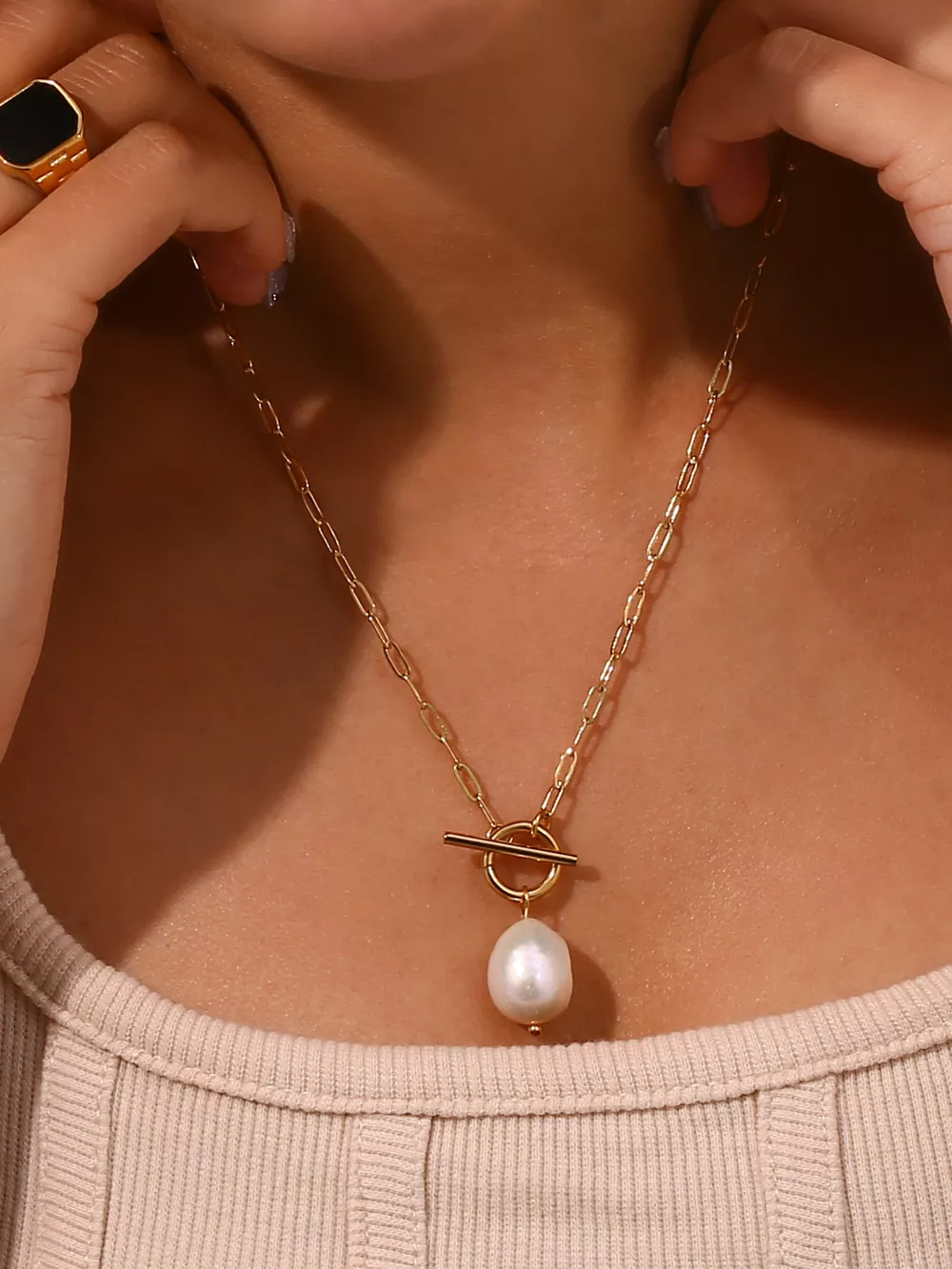 18K Gold-Plated Baroque Pearl Pendant Necklace, image 6