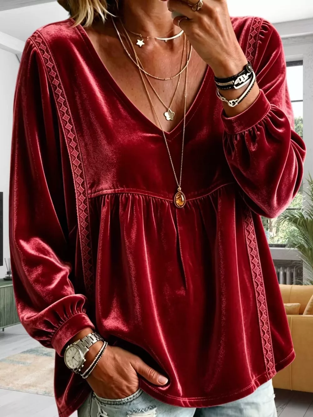 Full Size Velvet Lace Detail V-Neck Blouse Plus Size, image 17