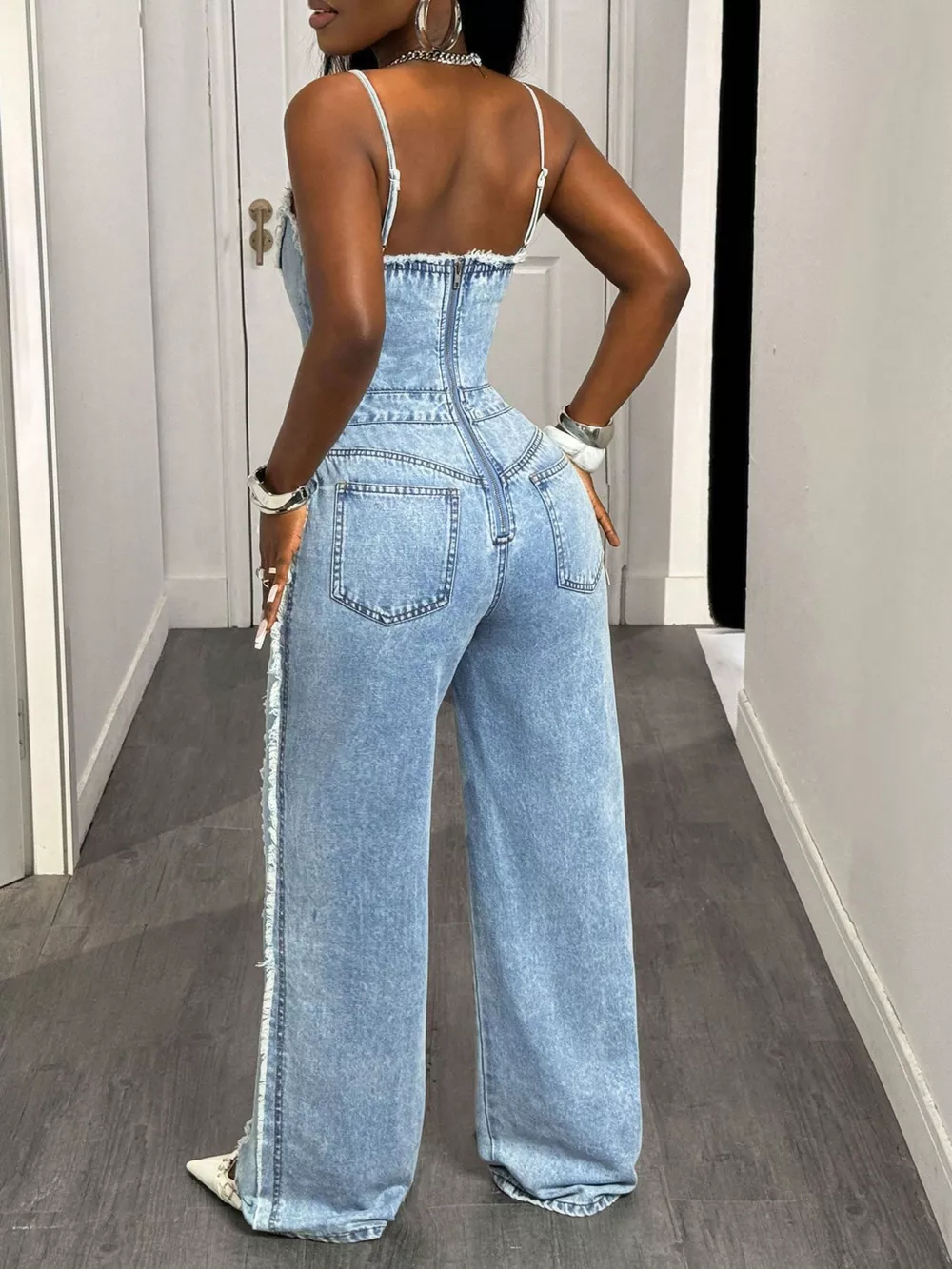 Distressed Spaghetti Strap Wide-Leg Denim Jumpsuit, image 7
