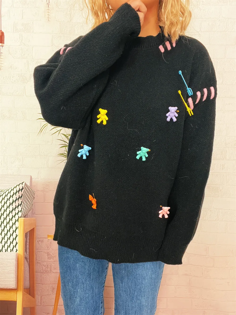 Bear Decoration Round Neck Sweater, image 8