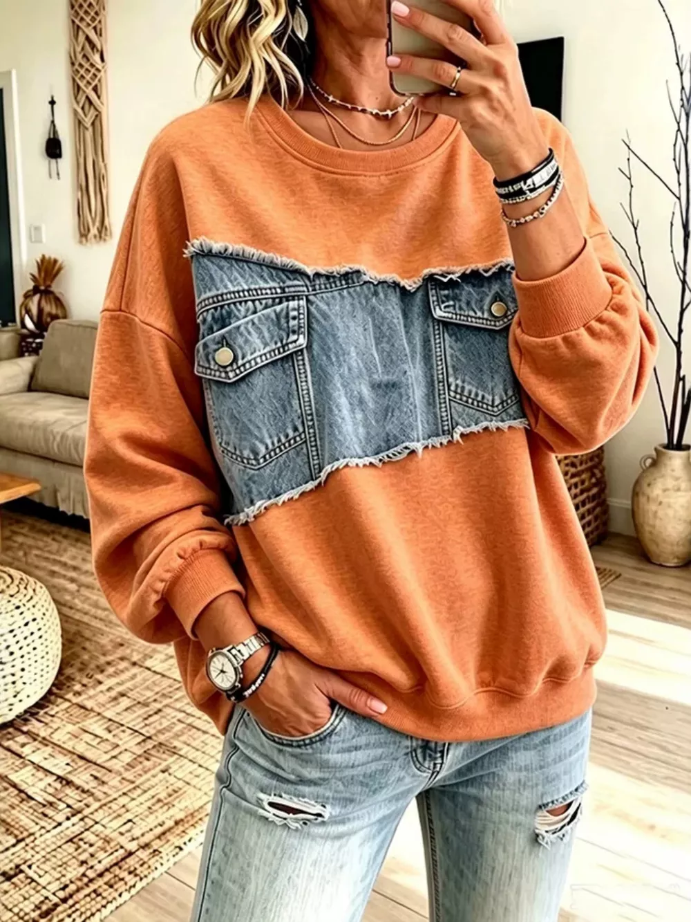 Full Size Denim Patchwork Dropped Shoulder Sweatshirt Plus Size, image 5