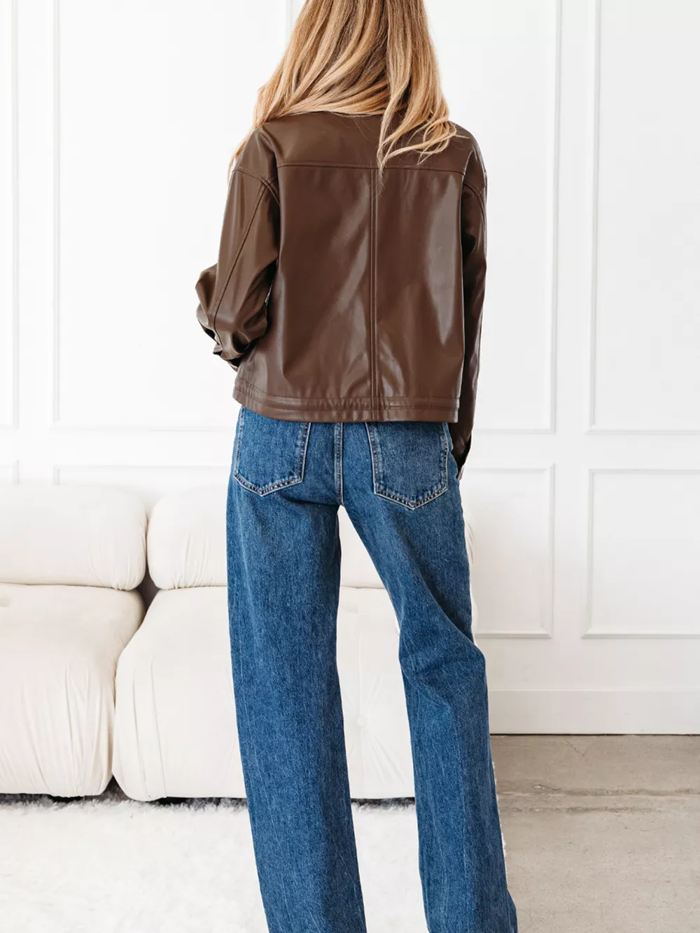 Double Flap Pocket Drawstring Hem Leather Jacket, image 8