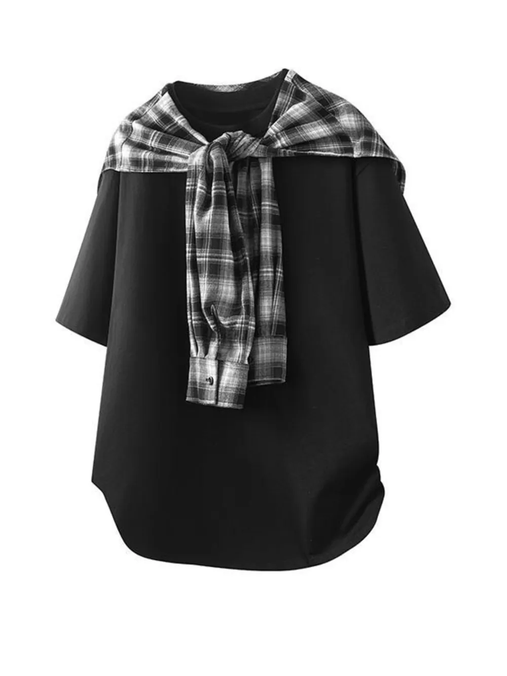 Men's Plus Size Layered Style T-Shirt with Plaid Scarf Detail