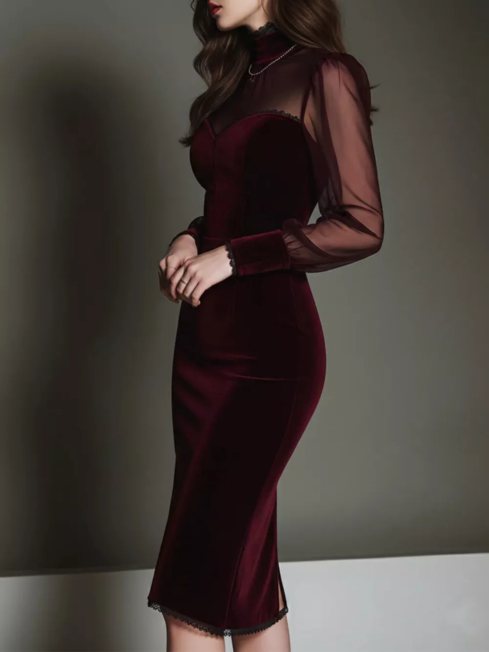 Velvet Bodycon Dress with Sheer Mesh Sleeves, image 3