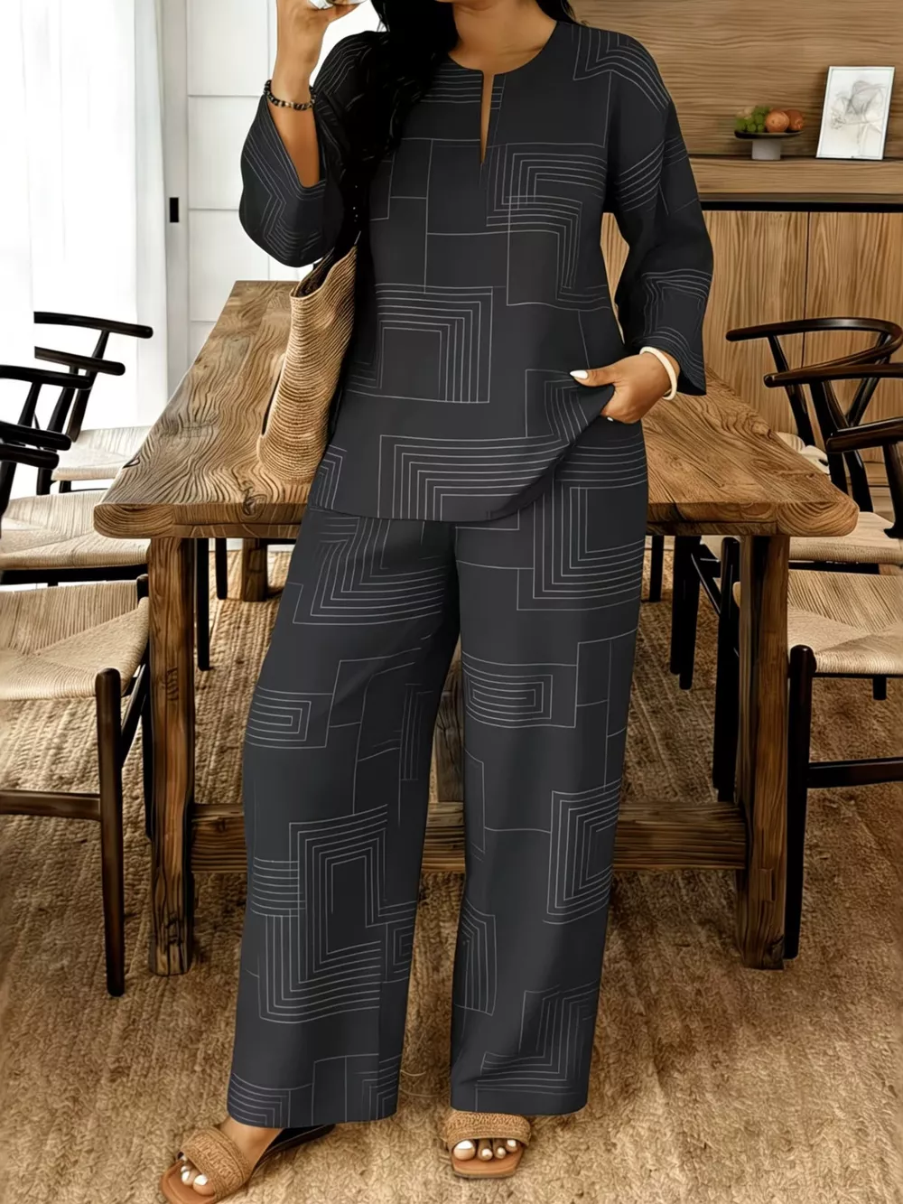 Geometric Print Relaxed Fit Top and Pants Set, image 4