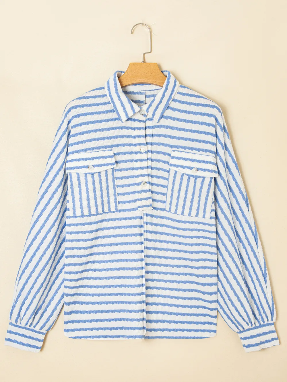Stripe Half Button Collared Chest Pockets Loose Fit Blouse, image 6