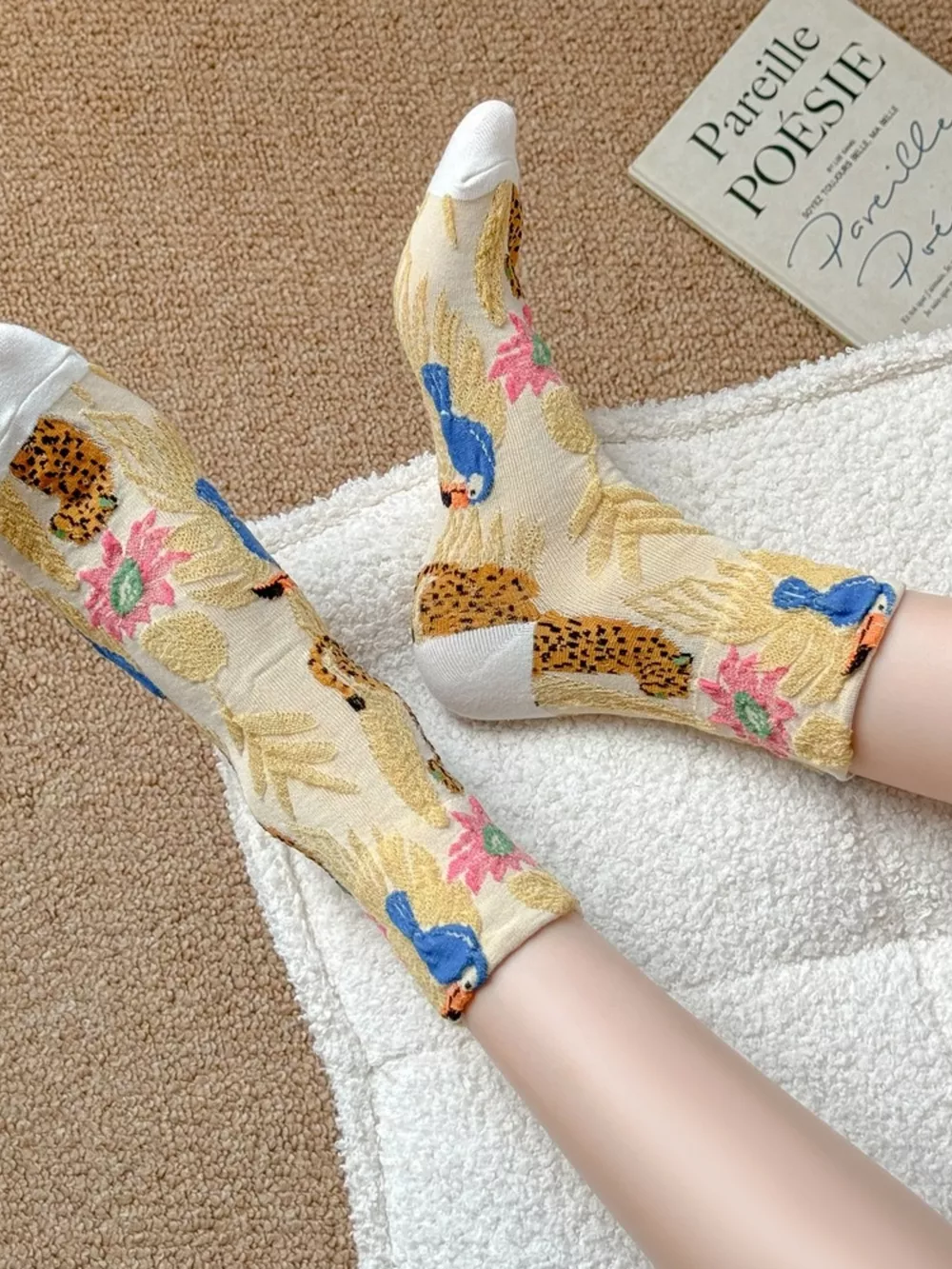 Leopard and Toucan Pattern Cotton Knit Socks, image 2