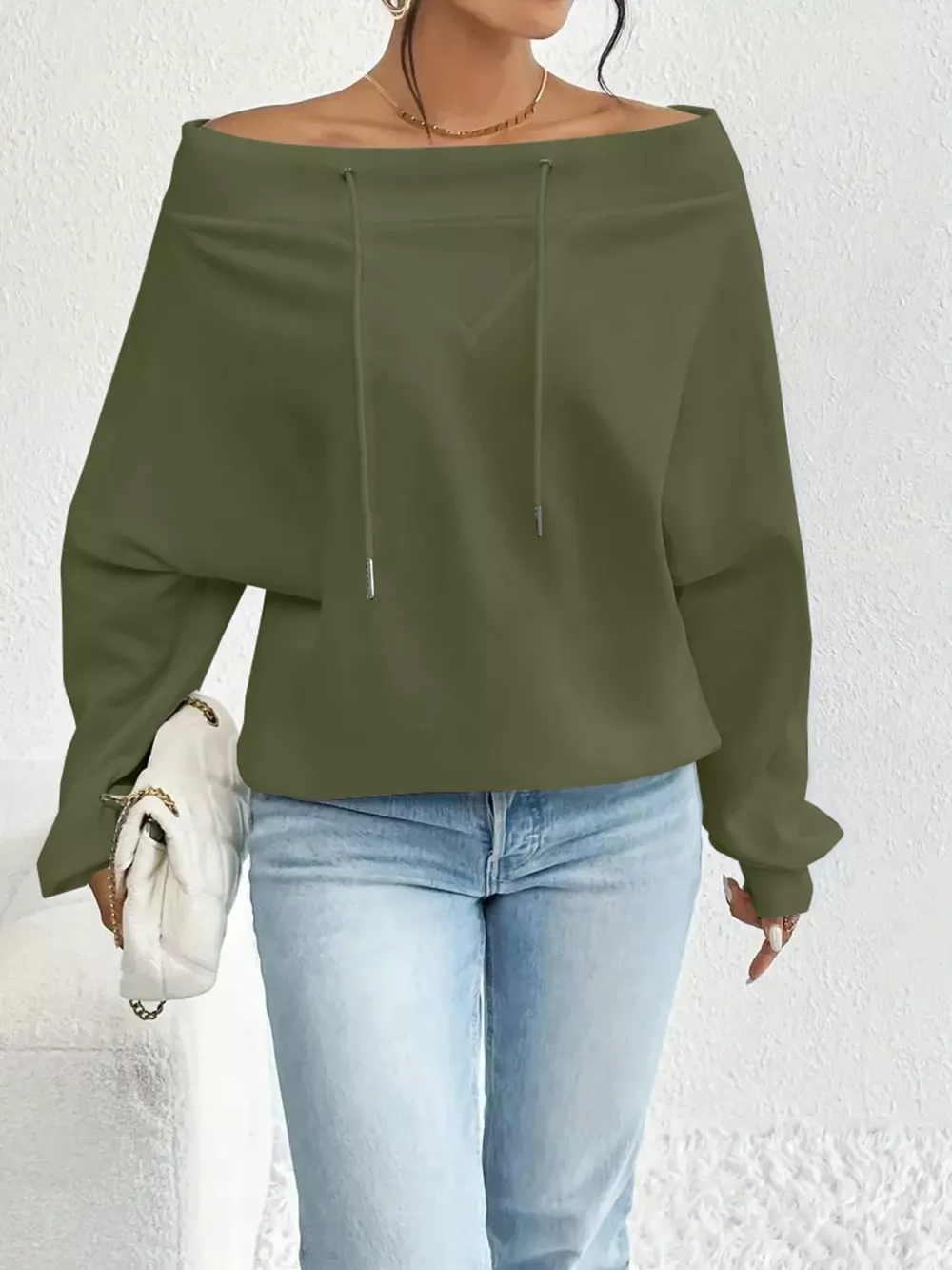 Full Size Off-Shoulder Drawstring Long Sleeve Top Plus Size, image 20
