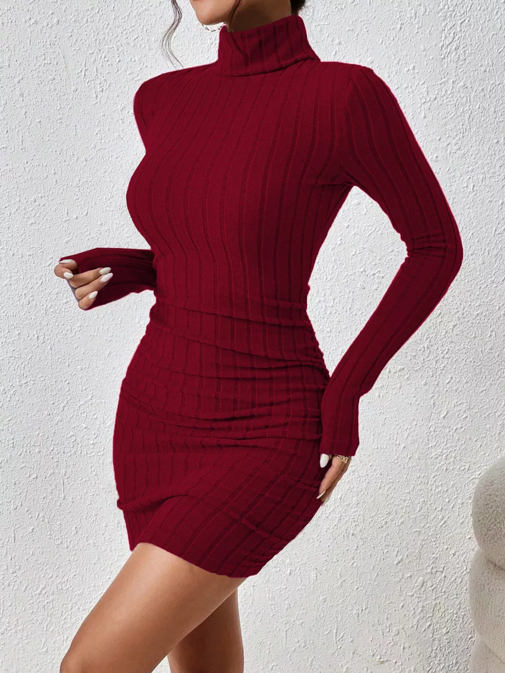 Christmas Outfit Turtleneck Ribbed Bodycon Knit Dress, image 3