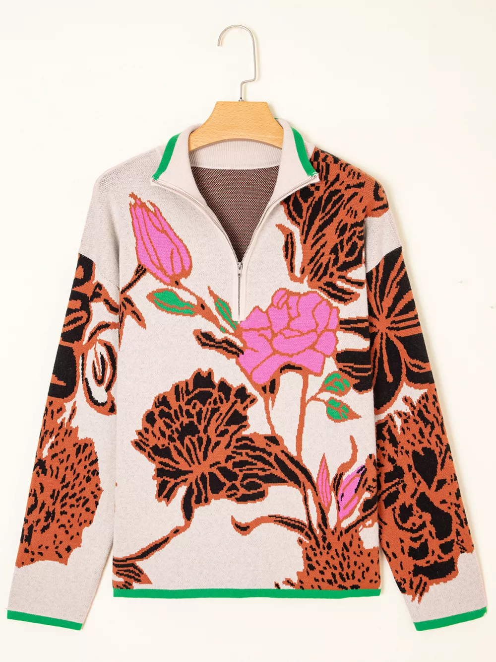 Floral Pattern Knit Quarter Zip Stand Neck Sweater, image 6