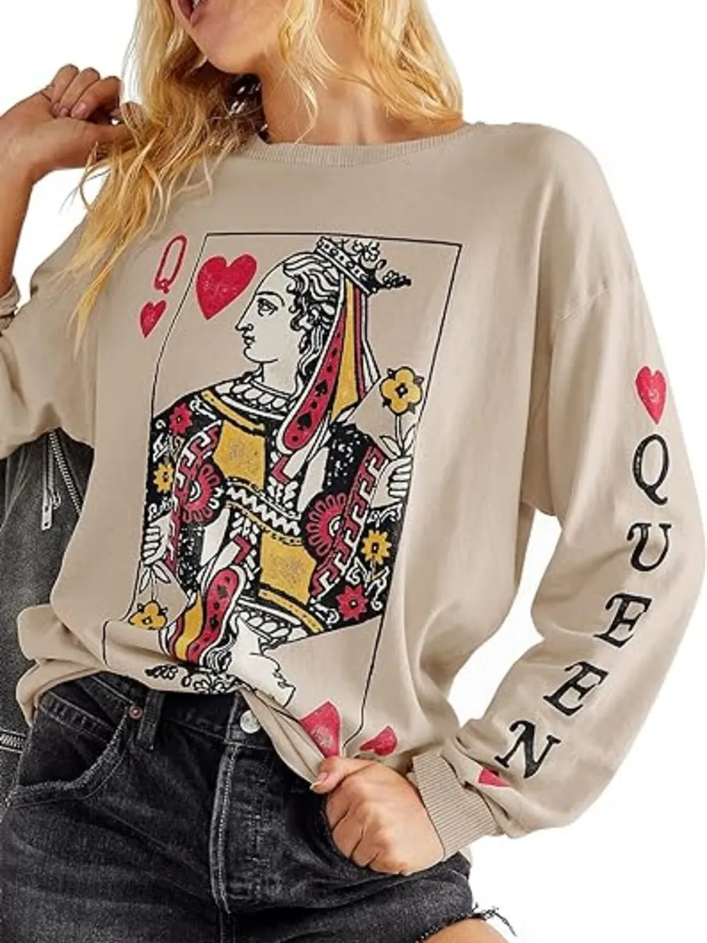 Queen of Hearts Playing Card Graphic Round Neck Sweatshirt, image 8