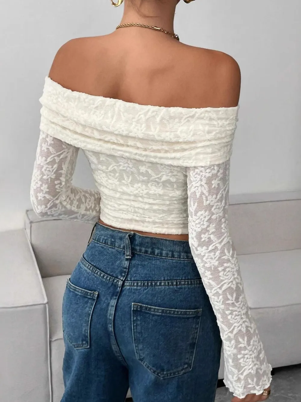 Off Shoulder Long Sleeve Lace Top, image 3