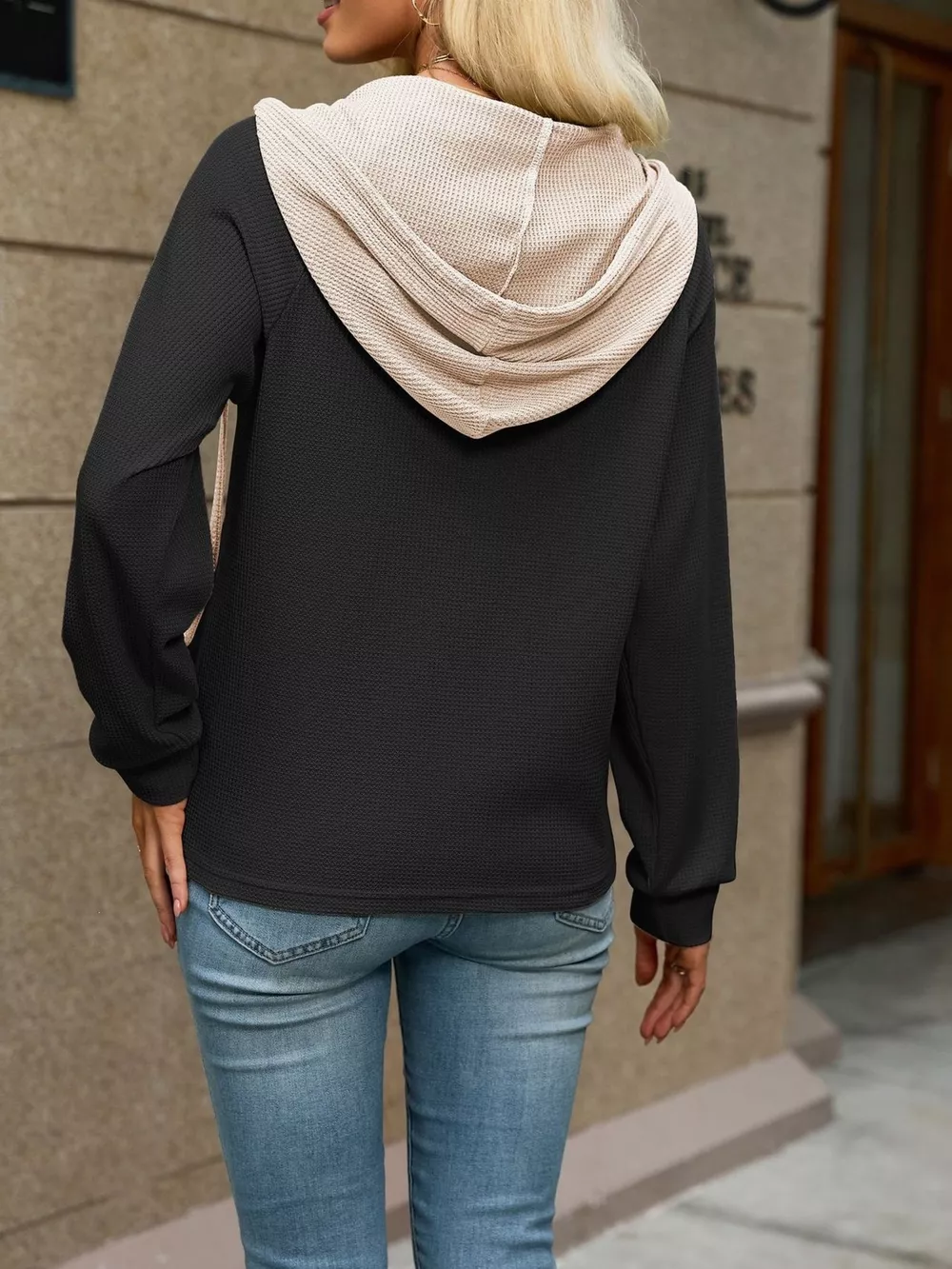 Waffle Knit Henley Hoodie with Contrast Trim, image 11