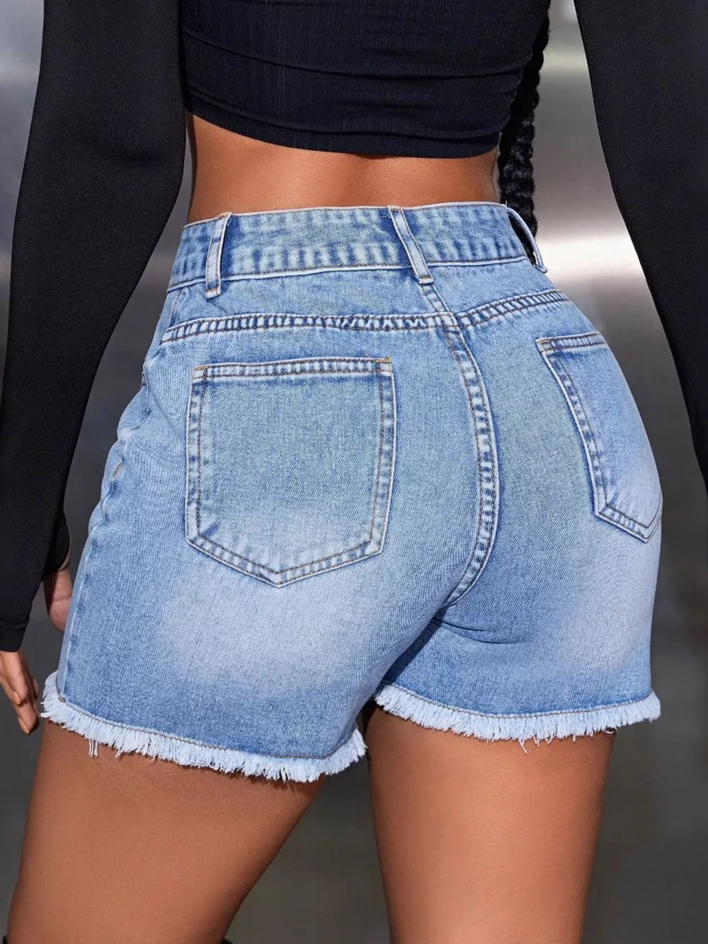 High-Waisted Frayed Hem Denim Shorts, image 4