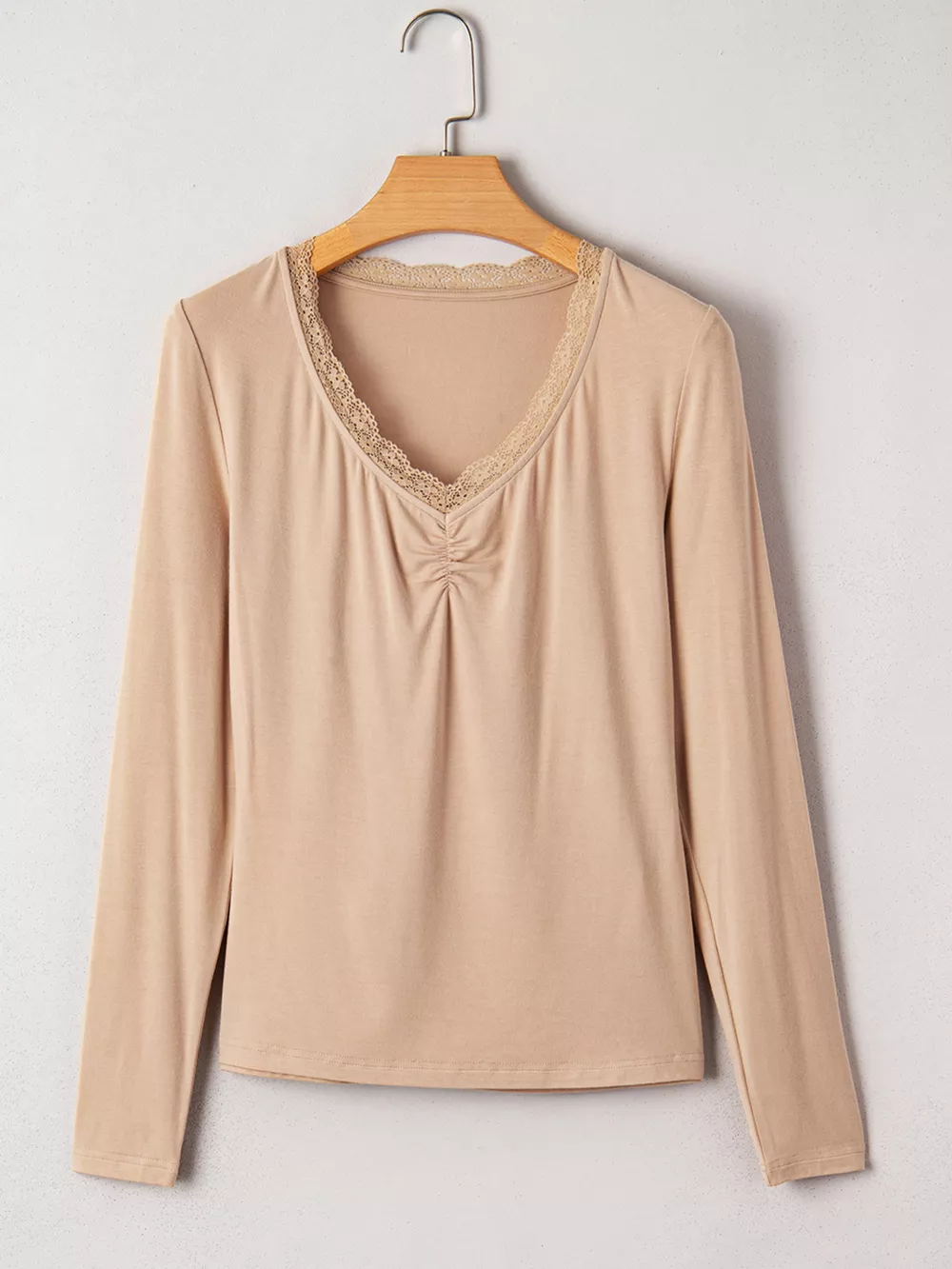 Lace-Trimmed Ruched Detail Long Sleeve T-Shirt, image 10