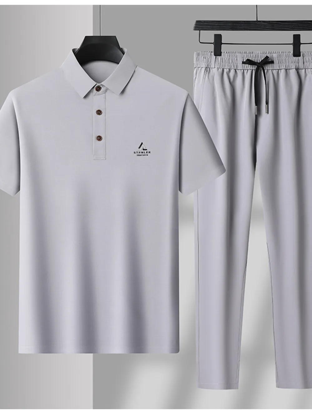 Men's Plus Size Button Detail Short Sleeve Polo and Pants Set, image 4