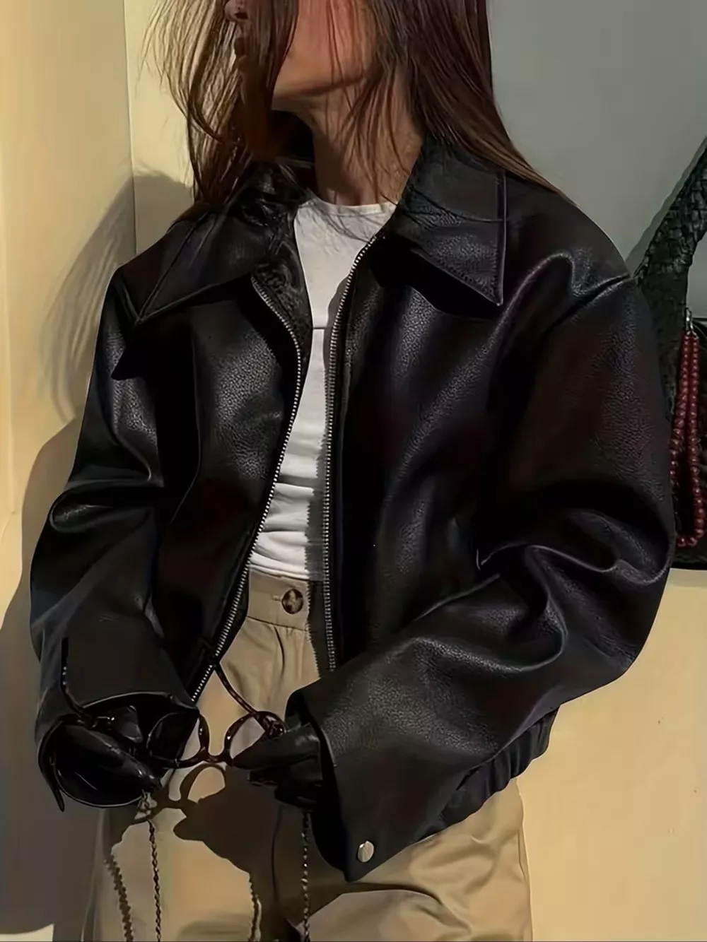 Oversized Faux Leather Zip Up Moto Jacket, image 3