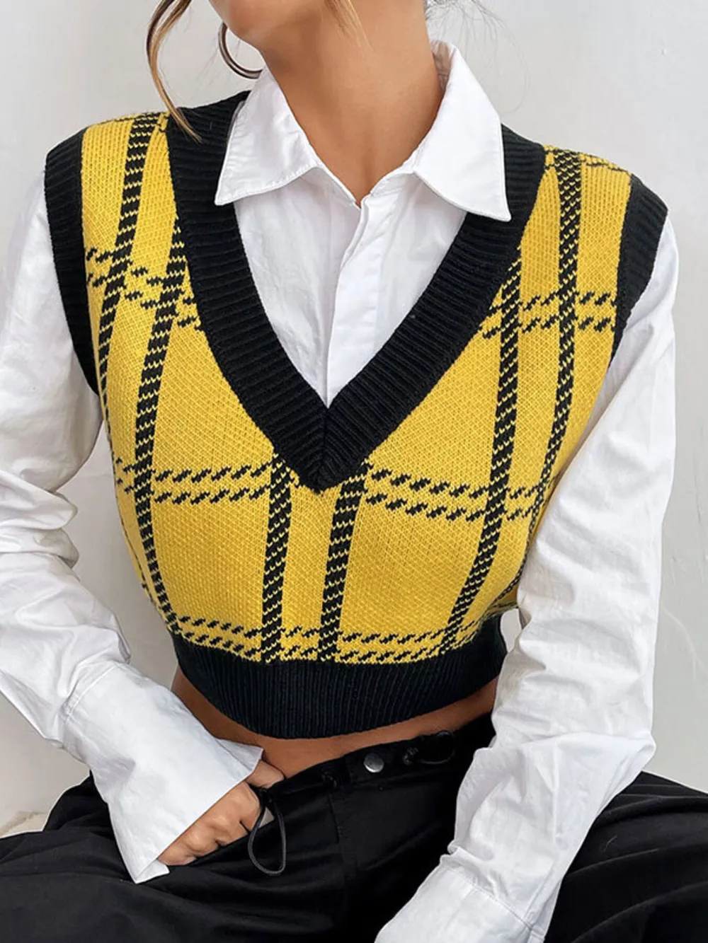 Plaid V-Neck Cropped Sweater Vest, image 10