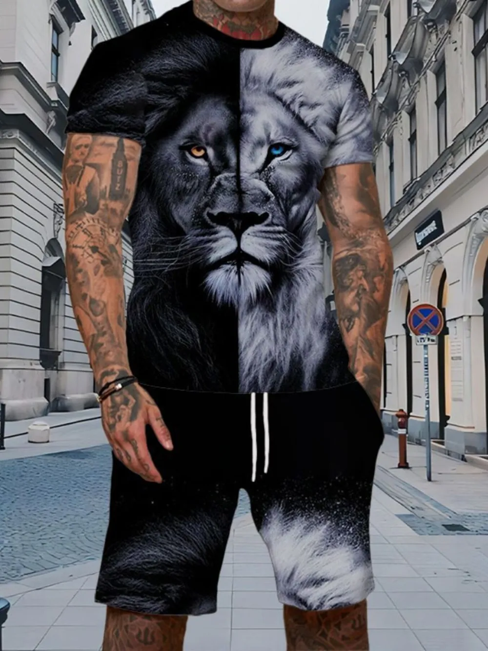 Men's Full Size Round Neck Tee and Shorts Set Plus Size, image 3
