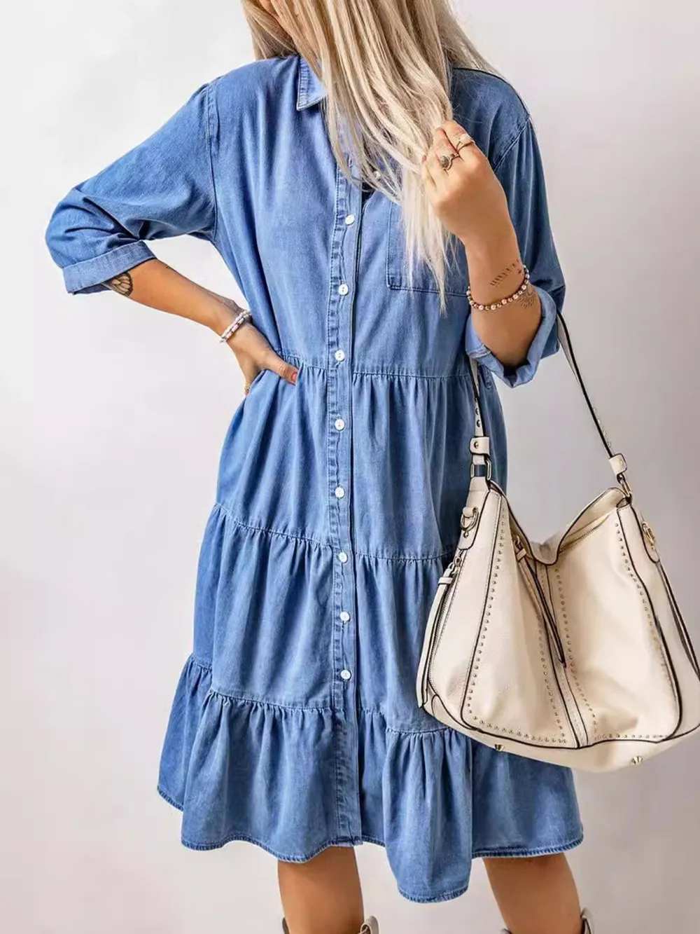 Full Size Ruffled Hem Button Up Denim Midi Dress Plus Size, image 6